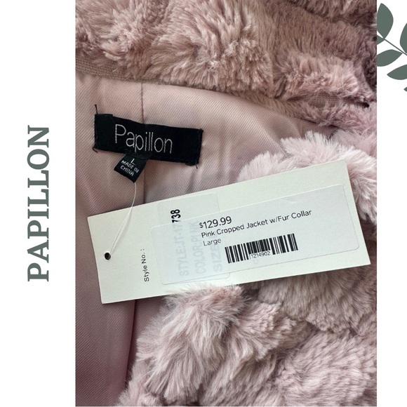 Papillon Cropped Faux Fur Jacket Lined Notch Collar Button Closure Size Large - Picture 6 of 6